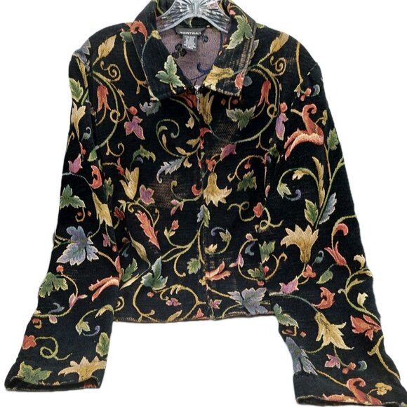 Portrait Tapestry Jacket Size Large Zip Up Blazer Black Floral Shoulder Pads - Picture 1 of 9